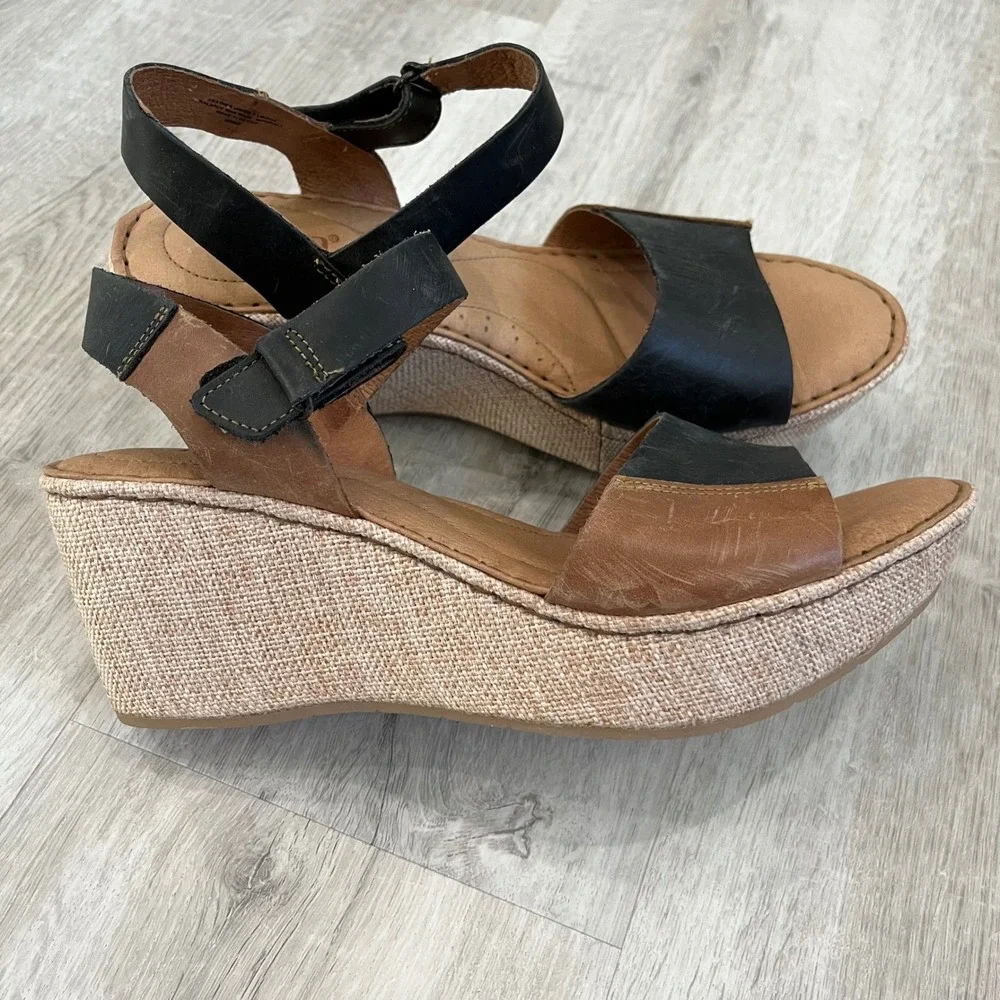 Born Nectar Leather Wedge Sandals Brown Black Two Tone Open Toe Women 10 Comfort